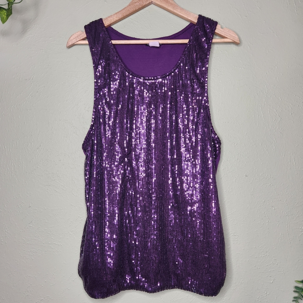 Vintage Y2K Wet Seal Purple Sequin Tank Top Made in USA XL Going Out Clubwear